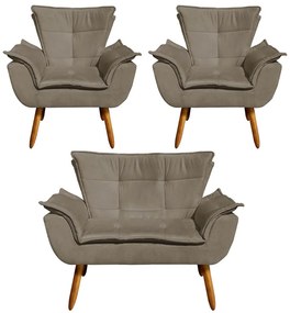 Namoradeira e 2 Poltronas Pé Palito Castanho Opala Suede - Marrom Rato