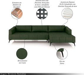 Sofá Bipartido Sala de Estar Kiara 352cm Chaise Direito Pés de Ferro Couro Verde Manchado G52 - Gran Belo