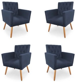 Kit 4 Poltronas Decorativas Clara Capitonê Pés Palito Suede Azul - Sheep Estofados