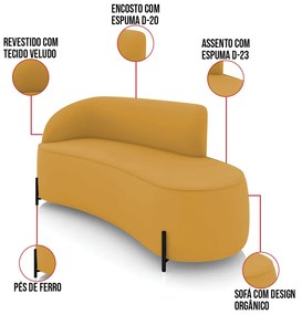 Sofá 3 Lugares Orgânico 180cm Pé Ferro Preto Morgan Veludo D03 - D'Rossi - Mostarda