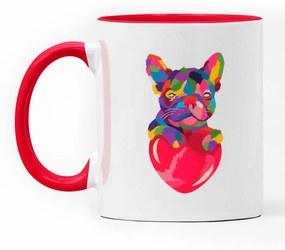 Caneca Cachorro Colorido Bulldog Nerd Branca com Alça Vermelha