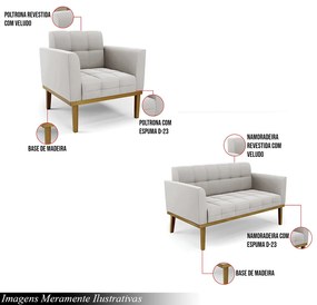 Conjunto Poltrona e Namoradeira Decorativas Karen Pés Fixo em Madeira Castanho Veludo Cinza G19 - Gran Belo