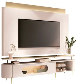 Conjunto Painel c/LED Nobre e Bancada Ária TV até 85 Polegadas Off White/Champagne G26 - HB Móveis