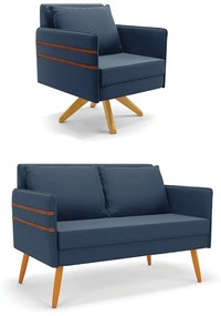 Kit 01 Namoradeira 02 Lugares e 01 Poltrona Mari Suede Base de Madeira MA30 - D'Rossi - Azul Marinho