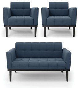 Sofá Namoradeira e 2 Poltronas Base de Madeira Preto Elisa Suede D03 - D'Rossi - Azul Marinho