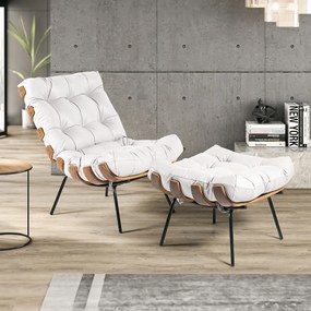 Puff Decorativo Sala de Estar Costela Couro Branco G34 - Gran Belo
