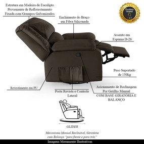 Poltrona do Papai Reclinável Sala de Cinema Madrid Glider Manual Giratória PU Marrom  G23