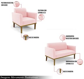 Conjunto 2 Poltronas e 1 Namoradeira Decorativa Isabella Pés Fixo em Madeira Castanho Suede Rosa Bebê G19 - Gran Belo