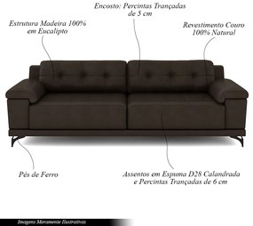 Sofá Living 3 lugares 232cm Agostino Pés Design em Ferro Couro Marrom G52 - Gran Belo