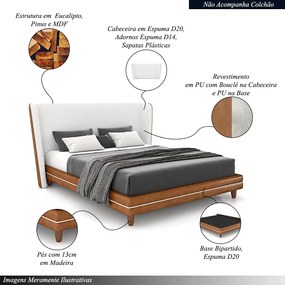 Conjunto Cama com Cabeceira Casal Torres Pés em Madeira PU/Bouclê Caramelo/Off White G91 - Gran Belo