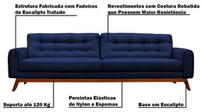 Sofá 3 Lugares Sala de Estar Eros 180 cm Veludo Azul Marinho Base Fixa G15 - Gran Belo
