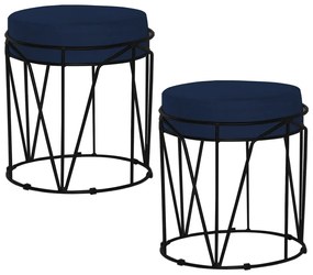 Kit 2 Puffs Decorativo Sala de Estar Base Preto Chloe Veludo Azul G41 - Gran Belo