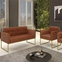 Sofá Namoradeira e 1 Poltrona Base Industrial Dourado Ana Sintético PU