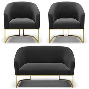Namoradeira e 2 Poltronas Base Industrial Dourado Stella Suede D03 - D'Rossi - Preto