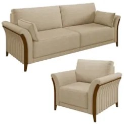 Kit Sofá Living 3 Lugares e Poltrona 102cm Pés Madeira Roya Z32 Linho