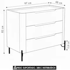 Cômoda Quarto 97cm Solteiro 3 Gavetas Becca Musgo/Dourado I06 - Mpozen
