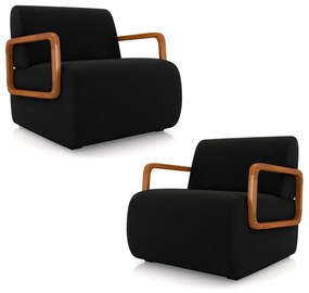 Kit 2 Poltronas Decorativa Sala de Estar Odessa Braços em Madeira Veludo Preto G33 - Gran Belo