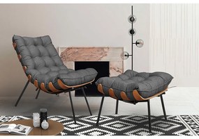 Conjunto Decorativo Poltrona e Puff Abel Base de Madeira Dourada Linho Grafite G41 - Gran Belo
