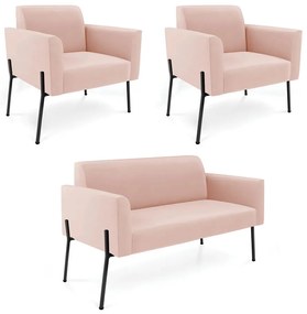 Sofá Namoradeira e 2 Poltronas Pé de Ferro Preto Elisa Veludo Rosê D03 - D'Rossi