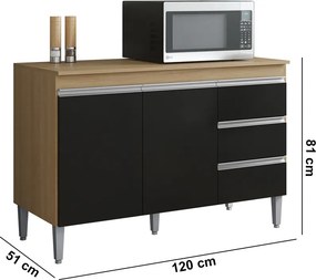 Balcão Cozinha com Tampo 120cm 3 Gavetas Leticia A01 - D'Rossi - Amendoa e Preto