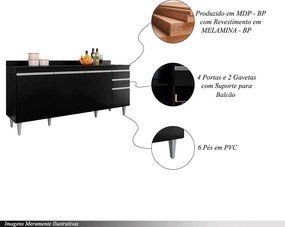 Balcão de Cozinha com Tampo Apex MDP/BP Preto G96 - Gran Belo
