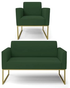 Sofá Namoradeira com Poltrona Base Industrial Dourado Marisa Veludo D03 - D'Rossi - Verde