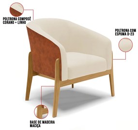 Poltrona Decorativa Base de Madeira Stella Nozes/Linho Bege D03 - D'Rossi