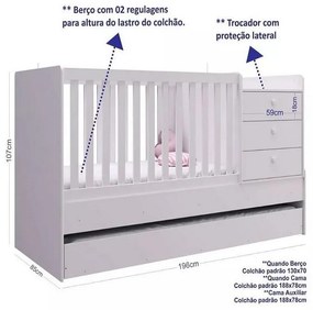Berço Americano Vira Cama C/ Auxiliar Trocador Gaveteiro - Branco/Montreal