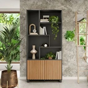 Estante Ripada com 2 Portas em MDF Preto Fosco/Freijó 94 x 30 x 192 cm C59 PFJ Dalla Costa