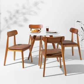 Conjunto Mesa de Jantar Square Redonda Branca - 88cm + 4 Cadeiras Nord Encosto Madeira Assento PU - Cognac