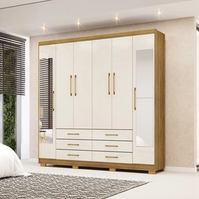 Guarda Roupa Dunas Casal 6 Portas de Bater 2 Com Espelhos 6 Gavetas MDF Nature/OffWhite G98 - Gran Belo