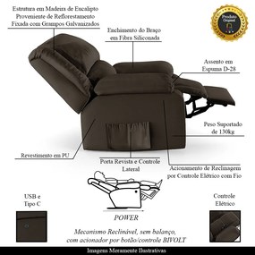 Poltrona do Papai Reclinável Sala de Cinema Madrid Controle Power Elétrico USB PU Marrom  G23