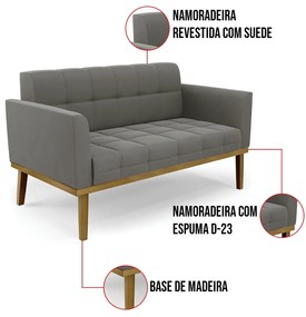 Sofá Namoradeira Base de Madeira Castanho Elisa Suede D03 - D'Rossi  - Grafite