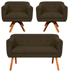 Kit 01 Namoradeira e 02 Poltronas Giratória Julia Linho Base Madeira MM30 D01 - D'Rossi  - Marrom A78