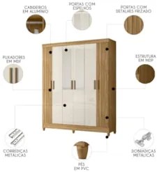 Guarda Roupa Casal 165cm Com Espelho Guiana Freijó/Off Z17   - Mpozena
