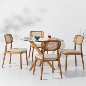 Conjunto Mesa de Jantar Thai Redonda Vidro Incolor - 1,10m + 4 Cadeiras Lótus Encosto Palha Larga Linne - Cru
