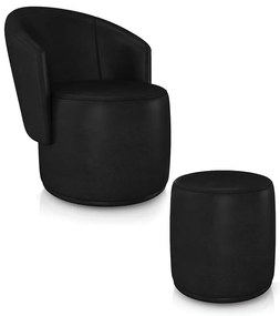 Poltrona e Puff Redondo Orgânico para Sala Malu Sintético PU M11 - D'Rossi - Preto
