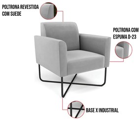 Poltrona Base X Industrial Preto Marisa Suede - Cinza