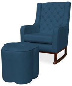 Kit Poltrona Amamentação Balanço Maju com Puff Flor Veludo - Azul Marinho
