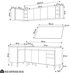 Armário de Cozinha Modulado de Canto Direito 5 Peças CP44 Balcão com T