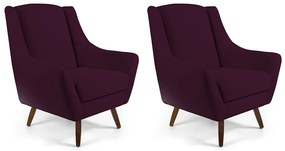 Kit 02 Poltronas Decorativas Sala de Estar Pés de Madeira Naomi Veludo Roxo Grape G15 - Gran Belo