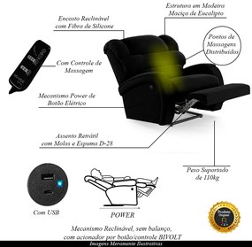 Poltrona do Papai Sala de Cinema Reclinável Kylie Power Elétrica Massagem USB Veludo Preto G23