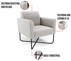Kit 2 Poltronas Base X Industrial Preto Marisa Veludo - Cinza