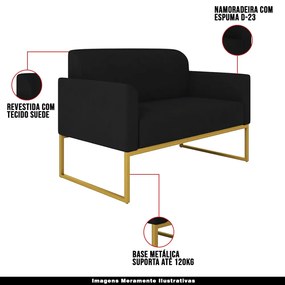 Poltrona Namoradeira Decorativa Isabella Base Industrial Suede Preto/Dourado G19 - Gran Belo
