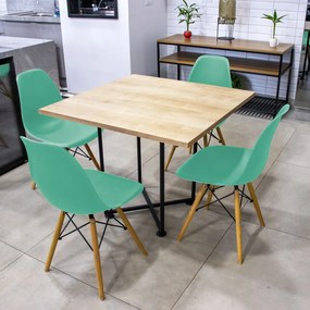 Kit 04 Cadeiras Eiffel Azul Turquesa e 01 Mesa de Jantar 04 Lugares Jade 90 cm Natural Base Metálica Industrial Preto - D'Rossi