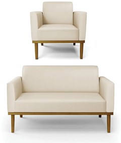 Conjunto Poltrona e Namoradeira Decorativa Isabella Pés Fixo em Madeira Castanho PU Bege G19 - Gran Belo