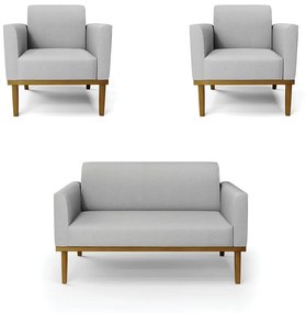 Conjunto 2 Poltronas e 1 Namoradeira Decorativa Isabella Pés Fixo em Madeira Castanho Linho Cinza G19 - Gran Belo