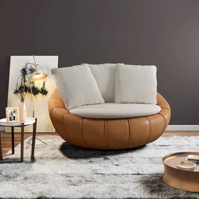 Poltrona Sala de Estar Afrodite com Almofadas Giratória Off White Caramelo Manchado Linho/PU G45 - Gran Belo
