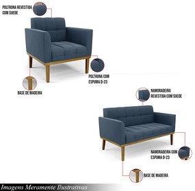 Conjunto Poltrona e Namoradeira Decorativas Karen Pés Fixo em Madeira Castanho Suede Azul Marinho G19 - Gran Belo
