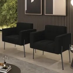Poltrona Para Sala Pé Metal Preto Kit 2 Ana Suede Preto - Ibiza